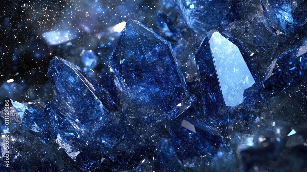 Stunning Close-Up of Shimmering Blue Crystals with Sparkling Light Reflections in a Mystical Cosmic Setting Stunning Close-Up of Shimmering Blue Crystals with Sparkling Light Reflections in a Mystical Cosmic Setting