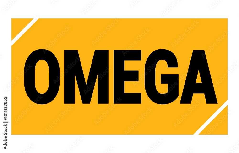 OMEGA text written on yellow-black stamp sign. OMEGA text written on yellow-black stamp sign.