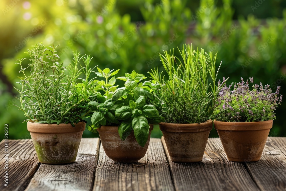 Aromatic Plants Set on Table. Herb Garden Pot Horticulture Gardening Concept Aromatic Plants Set on Table. Herb Garden Pot Horticulture Gardening Concept