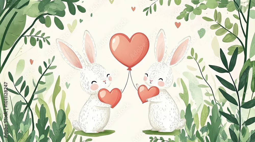 Cute Cartoon Bunnies Holding Heart Balloons in a Lush Green Forest with Leaves and Hearts Cute Cartoon Bunnies Holding Heart Balloons in a Lush Green Forest with Leaves and Hearts