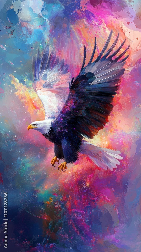 Fototapeta premium Majestic bald eagle flying in colorful abstract galaxy painting