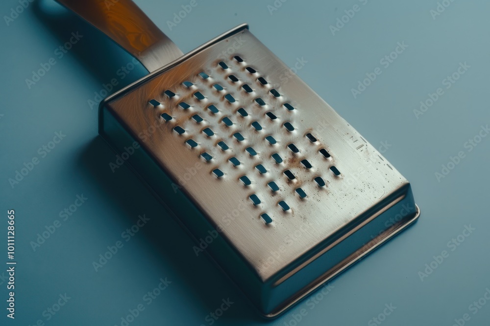 Stainless steel kitchen grater on a blue countertop capturing soft light Stainless steel kitchen grater on a blue countertop capturing soft light