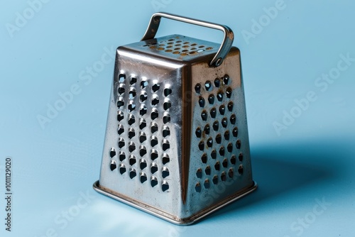 A stainless steel grater on a blue background photo