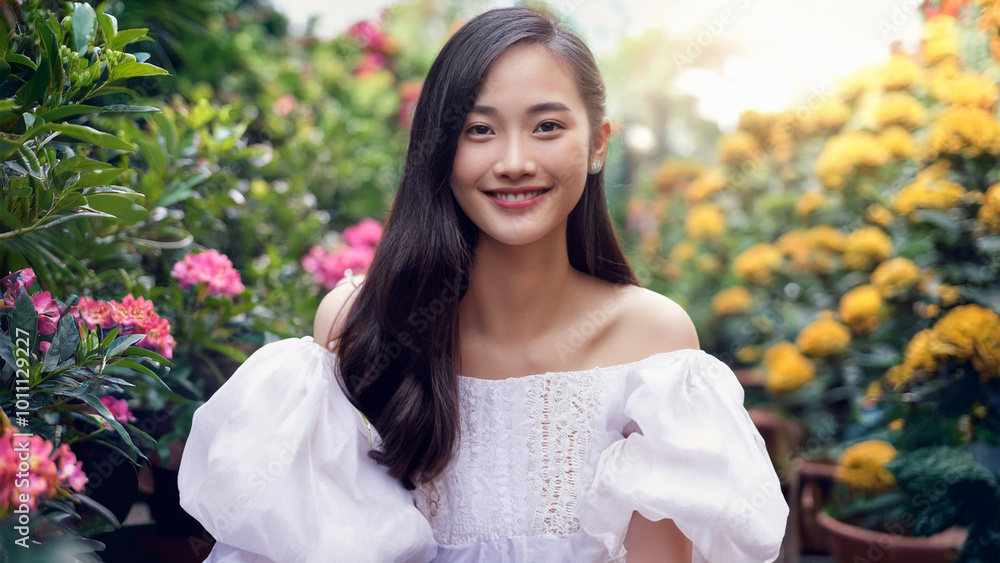 Beautiful asian woman in white dress standing in flower garden. Beautiful asian woman in white dress standing in flower garden.