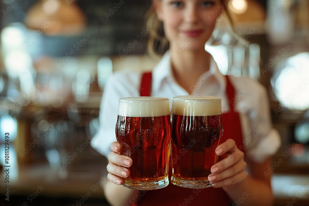 Two pints of beer carried by a Beautiful waitress in a diner restaurant in style of 1950s . Generative Ai Two pints of beer carried by a Beautiful waitress in a diner restaurant in style of 1950s . Generative Ai