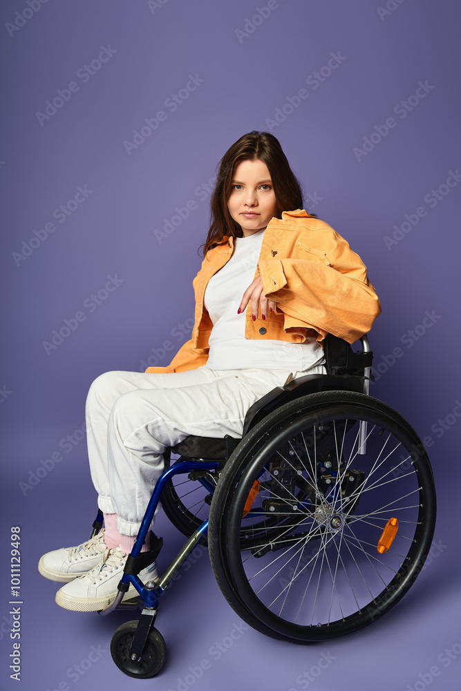 A young woman in a wheelchair and casual attire looks directly at the camera in a studio setting with a purple backdrop. A young woman in a wheelchair and casual attire looks directly at the camera in a studio setting with a purple backdrop.