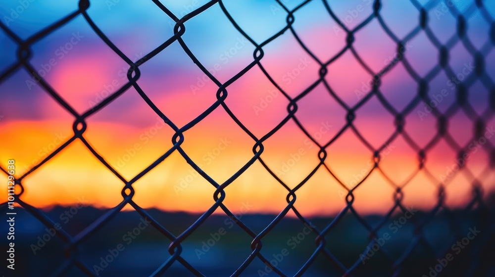 A close-up view of a chain-link fence against a vibrant sunset sky, showcasing a blend of colors and patterns. A close-up view of a chain-link fence against a vibrant sunset sky, showcasing a blend of colors and patterns.