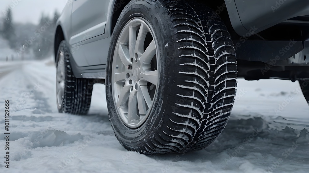 close-up view of car tires on winter snowy road. generative ai close-up view of car tires on winter snowy road. generative ai