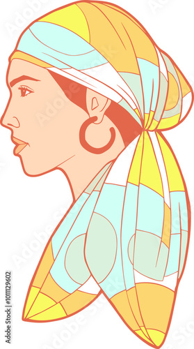 Portrait de femme de profil avec un foulard sur la tête et des boucles d'oreille créoles