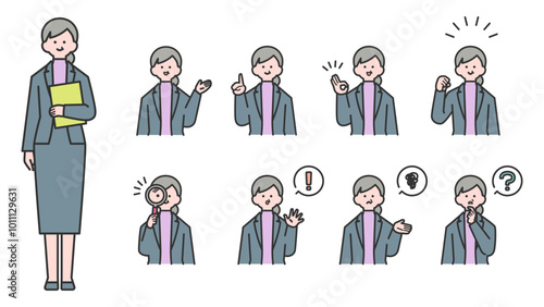 スーツ姿のベテラン女性　上半身・表情バリエーション