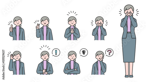 スーツ姿の年配女性 上半身・表情バリエーション