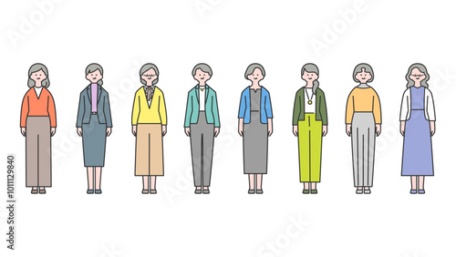 シニア女性の全身アバターイラスト素材セット