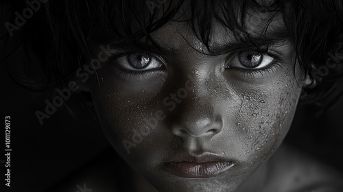 A close-up portrait of a boy with intense eyes and a serious expression.