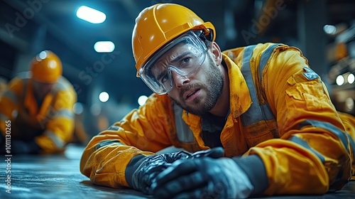 colleague giving first aid to injured worker in pain after accident at construction site concept of occupational safety ,health in workplace