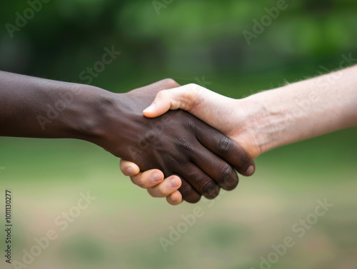 A symbol of a handshake between people of different races, genders, and cultures representing unity and inclusion.