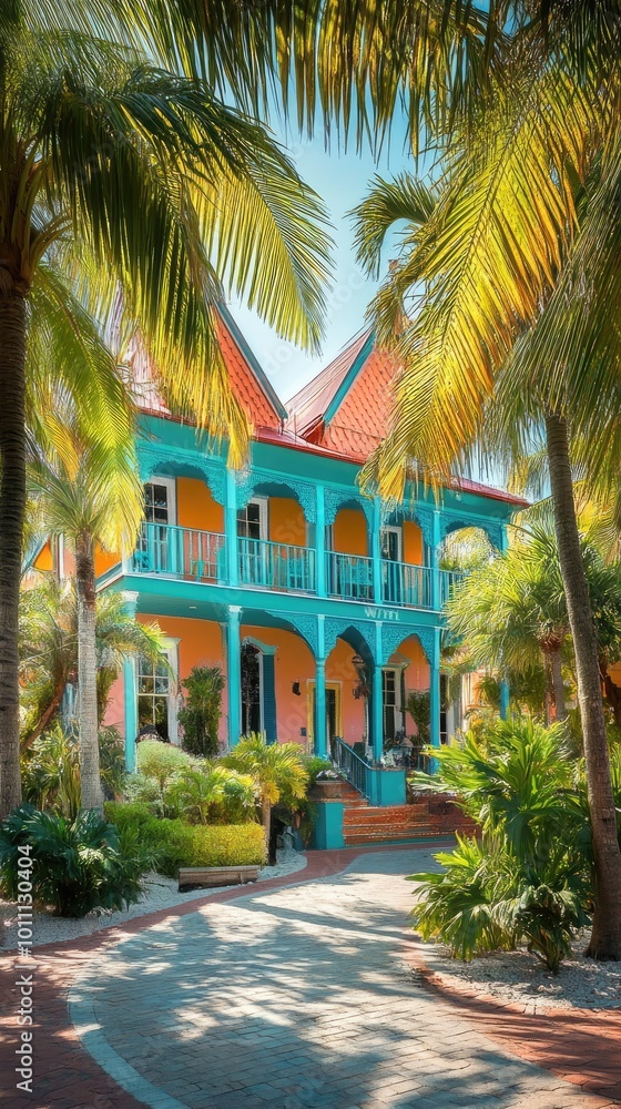 Vibrant Tropical House with Colorful Facade Surrounded by Lush Palm Trees and Exotic Garden in Sunlit Paradise Vibrant Tropical House with Colorful Facade Surrounded by Lush Palm Trees and Exotic Garden in Sunlit Paradise