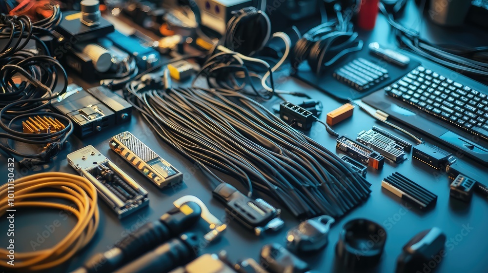 A close-up view of various audio and video equipment organized on a table, showcasing cables, mixers, and tools for production. A close-up view of various audio and video equipment organized on a table, showcasing cables, mixers, and tools for production.