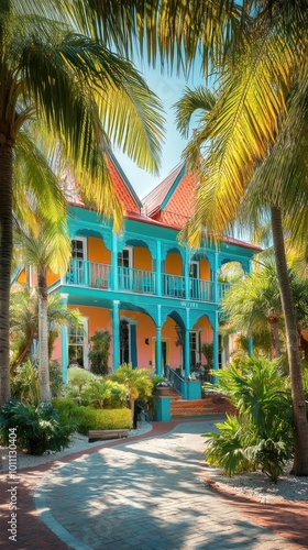 Vibrant Tropical House with Colorful Facade Surrounded by Lush Palm Trees and Exotic Garden in Sunlit Paradise