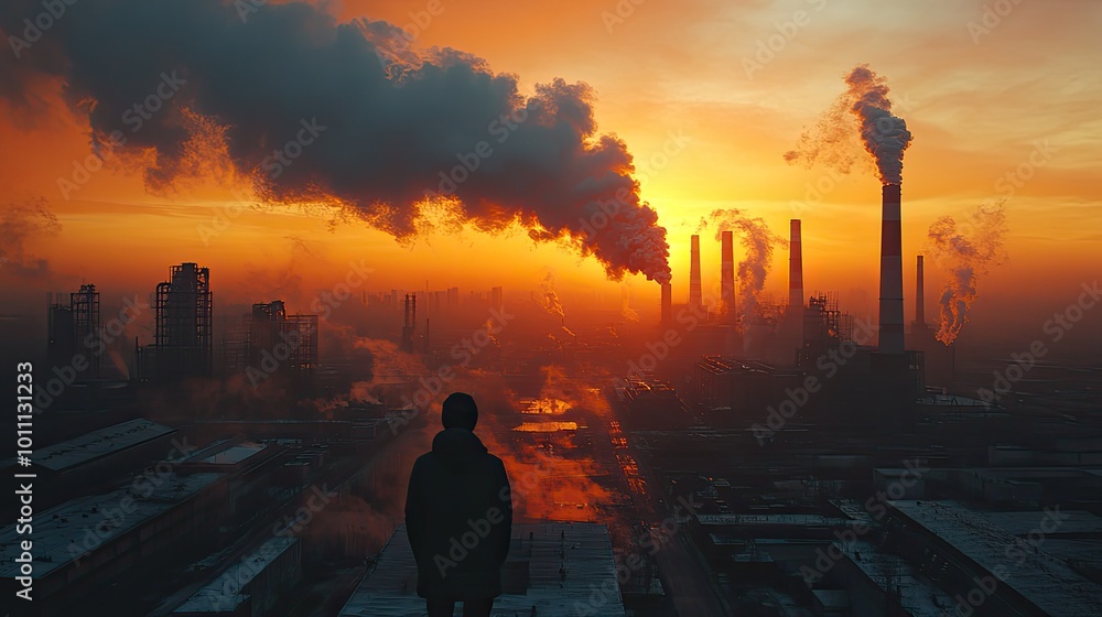 Fototapeta premium concept of carbon emissions represented by smoke billowing from factory chimneys ,sinking into thick smog the environmental consequences of industrial pollution generative ai