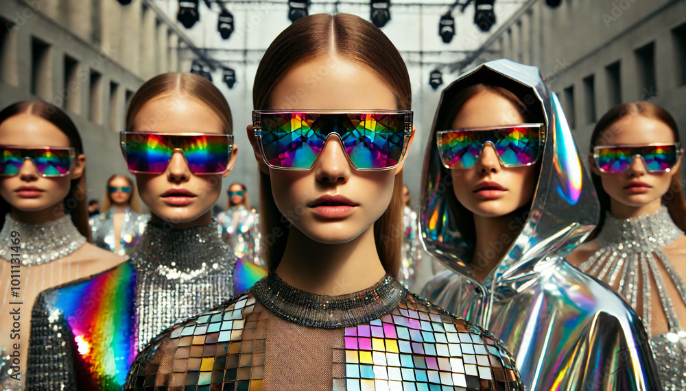 Futuristic women in avant garde fashion clothing and sunglasses Futuristic women in avant garde fashion clothing and sunglasses