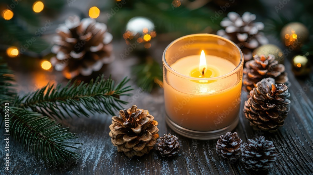 A cozy candlelit scene with pinecones, greenery, and twinkling lights, perfect for evoking festive warmth and holiday spirit. A cozy candlelit scene with pinecones, greenery, and twinkling lights, perfect for evoking festive warmth and holiday spirit.