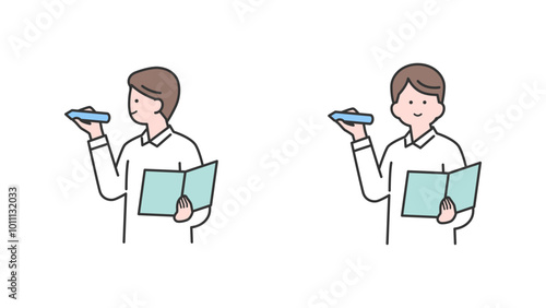 書類を持ち、ボードに書き込む男性