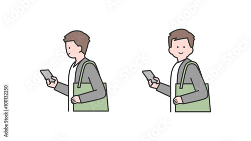 鞄を持ちスマホを見ながら歩く男性