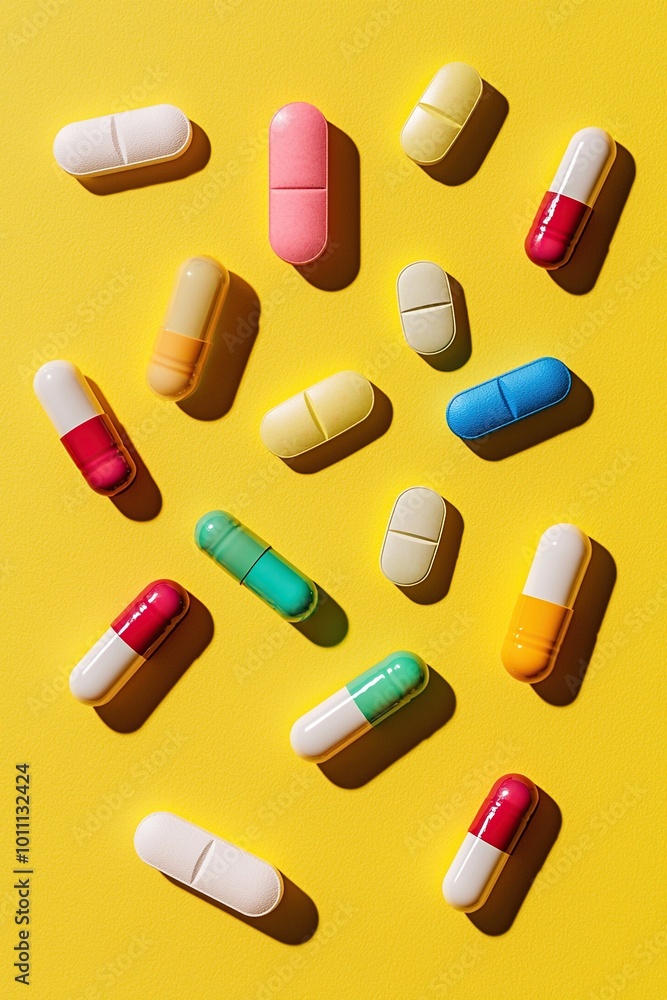 Variety of medical pills and tablets arranged in geometrical order over yellow background. Generative Ai Variety of medical pills and tablets arranged in geometrical order over yellow background. Generative Ai