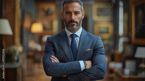 confident businessman in suit with arms crossed symbolizing leadership ,strategic planning