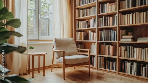 A cozy reading nook featuring a chair beside a wooden bookshelf filled with books, perfect for relaxation and inspiration.