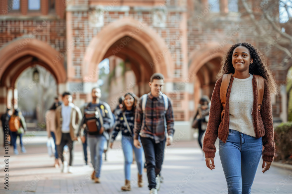 A university campus with students from multiple ethnicities walking together, representing global diversity. A university campus with students from multiple ethnicities walking together, representing global diversity.