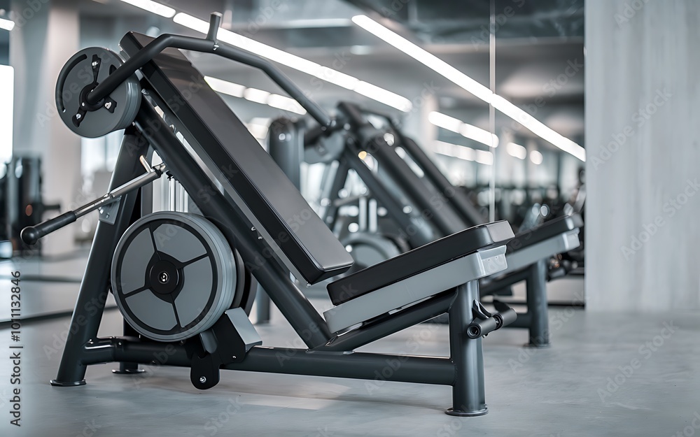 Fototapeta premium Modern gym interior with weight machines and mirrors.