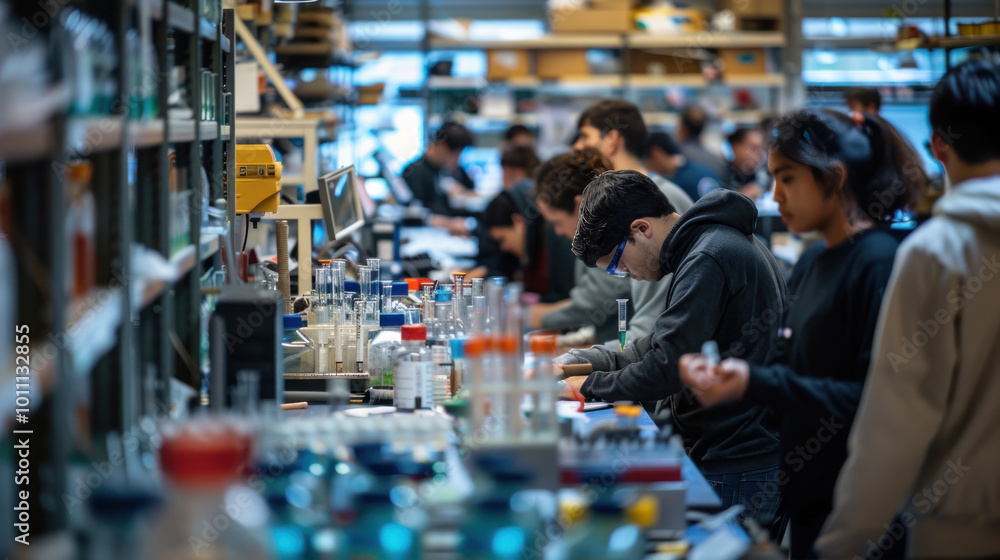 Obraz premium A university lab filled with diverse students and professors engaging in research in STEM disciplines.
