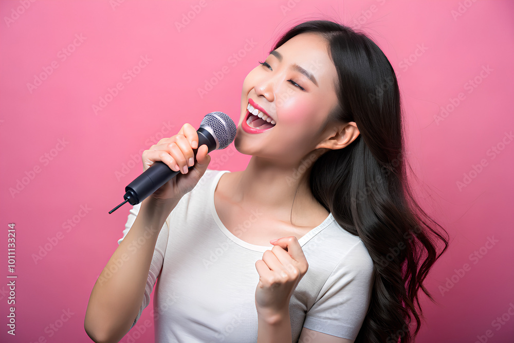 Asian young holding microphone singing song and Enjoying. isolated on pink color background Asian young holding microphone singing song and Enjoying. isolated on pink color background