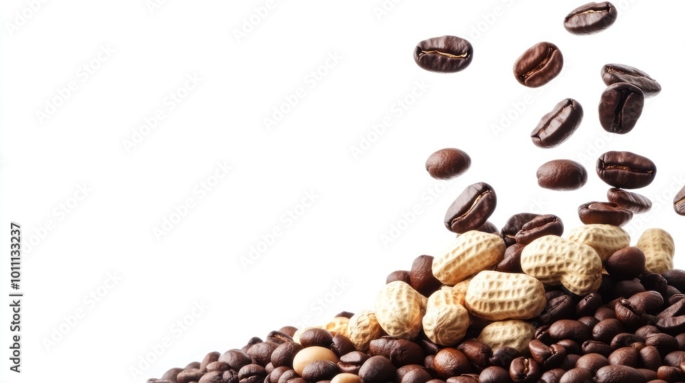 Obraz premium A pile of coffee beans and peanuts, with some beans floating above.