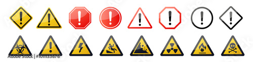 Caution alarm set, attention vector icon. Poison, toxic, biohazard caution sign, skull, chemical danger