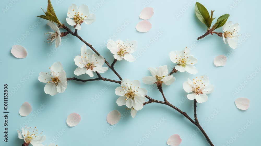 A branch of white flowers on a blue background with scattered petals, evoking spring beauty. A branch of white flowers on a blue background with scattered petals, evoking spring beauty.