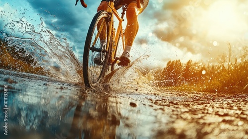 A cyclist splashes through a waterlogged path, showcasing the thrill of adventure and motion under a glowing sunset.