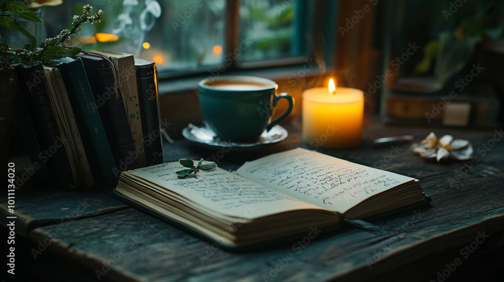 A cozy Green Monday setup with a journal, tea, candle, and books near a sunny window A cozy Green Monday setup with a journal, tea, candle, and books near a sunny window