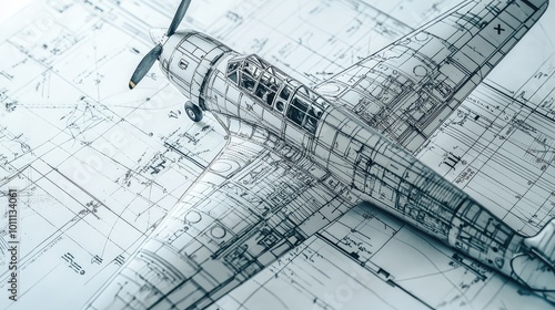 A detailed architectural blueprint of an airplane design showcasing intricate lines and technical specifications.