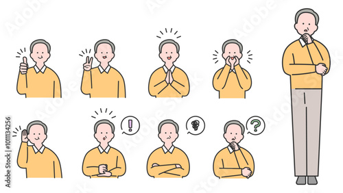 年配男性 上半身・表情バリエーション