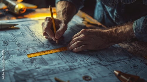 A detailed image of hands drawing on blueprints with a pencil and ruler, showcasing craftsmanship and architectural planning.