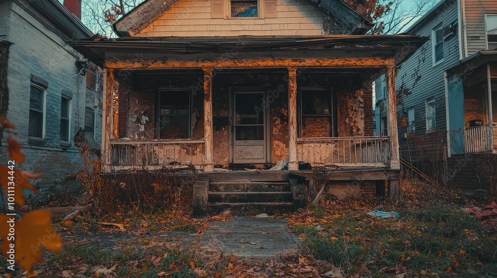 A dilapidated house surrounded by overgrown vegetation, showcasing peeling paint and a neglected porch. A dilapidated house surrounded by overgrown vegetation, showcasing peeling paint and a neglected porch.