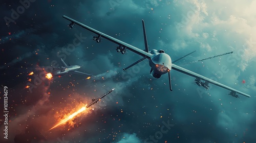 A dramatic aerial scene featuring drones equipped for combat amidst explosions and smoke in a turbulent sky.