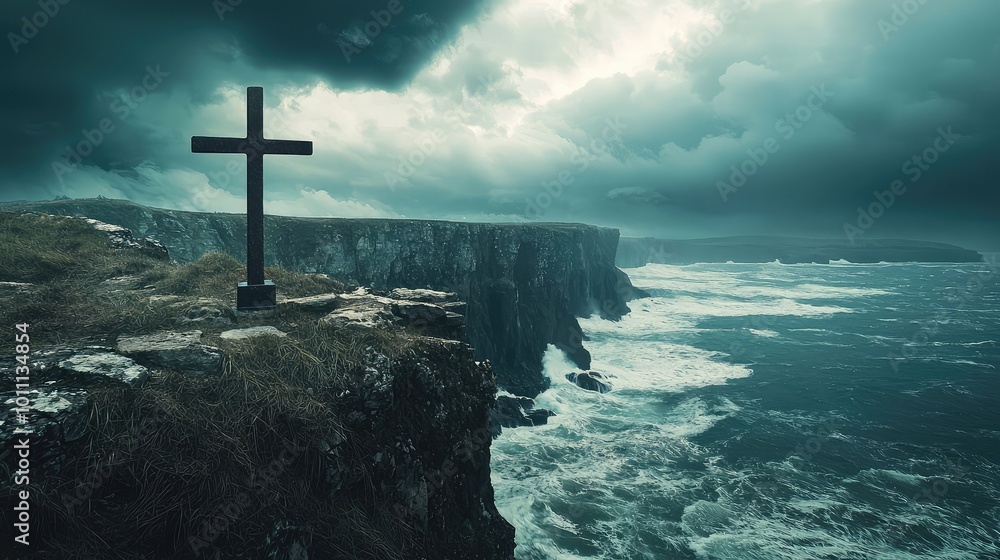A dramatic cliff landscape featuring a cross against an ominous sky, symbolizing faith and solitude by the turbulent ocean. A dramatic cliff landscape featuring a cross against an ominous sky, symbolizing faith and solitude by the turbulent ocean.