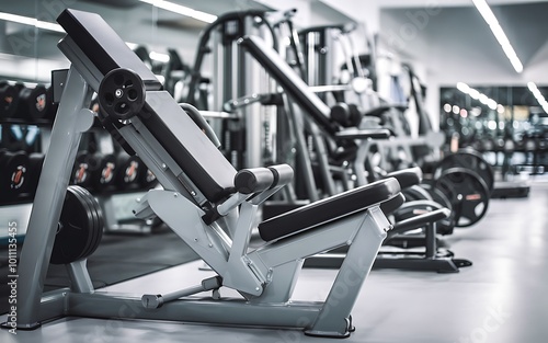 Modern gym interior with exercise equipment, including weight benches, dumbbells, and machines.