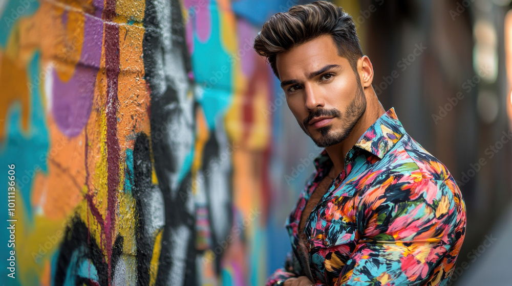 Handsome Man in Floral Shirt Posing Against Graffiti Wall Handsome Man in Floral Shirt Posing Against Graffiti Wall