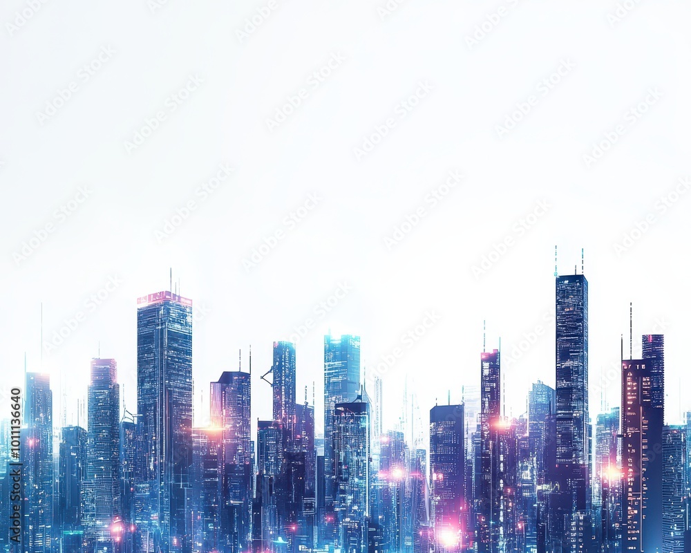 Fototapeta premium Futuristic city skyline with interconnected IoT devices, glowing in the night, showcasing a seamless network of smart technology, smart city, technology, IoT