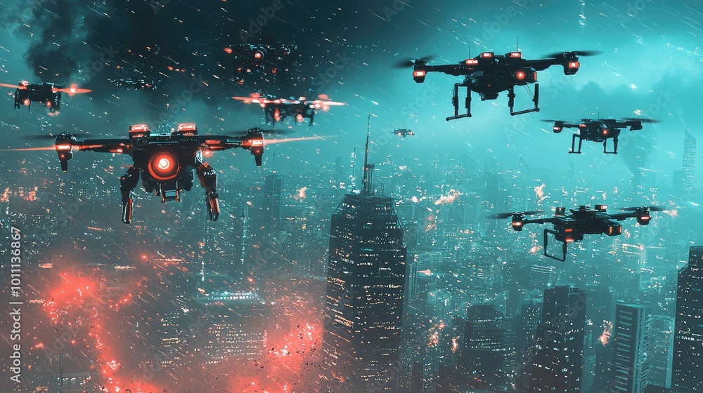 A futuristic cityscape with drones flying above neon-lit skyscrapers, showcasing technology in a vibrant, sci-fi atmosphere. A futuristic cityscape with drones flying above neon-lit skyscrapers, showcasing technology in a vibrant, sci-fi atmosphere.