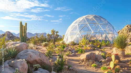 A futuristic geodesic dome greenhouse surrounded by desert landscape and cacti under a bright blue sky.